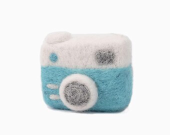 Needle Felted Blue Camera Ornament, Wool Photography Gift