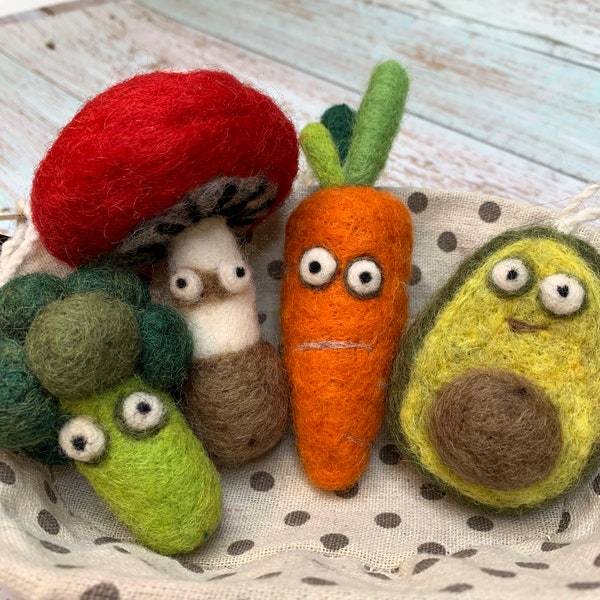 Felt Vegetables, Fun Felted Food Ornaments, Carrot Ornament, Felt Mushroom Toys, Avocado Ornament, Hobby Gift, Felted Vegetables Figurines