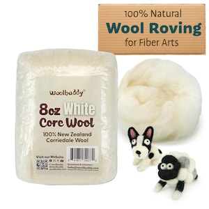 May include: A package of 8oz white core wool from Woolbuddy, with the text "100% Natural Wool Roving for Fiber Arts". The image also shows a pile of white wool and two small wool animal figurines.