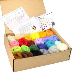 Felting Wool Kit - 24 Colors, Needle Felting Supplies, Wool Roving, Wool Batting, Felting Kit, Craft Kit, Carded Merino Wool, Wet Felting