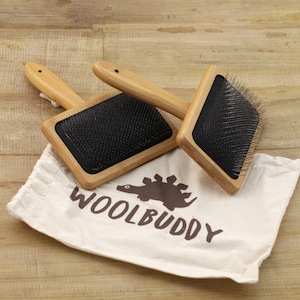 May include: Two wooden brushes with black bristles and wooden handles. The brushes are on a white canvas bag with the text "Woolbuddy" and a brown dinosaur illustration.