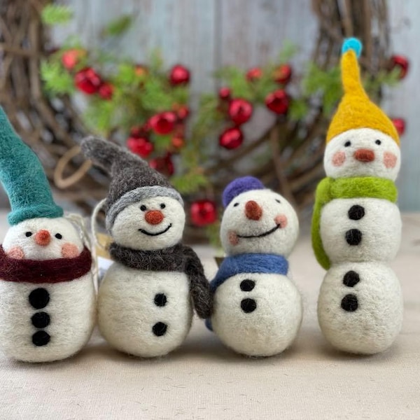 Felted Snowman Christmas Ornament, Handmade Wool Decor