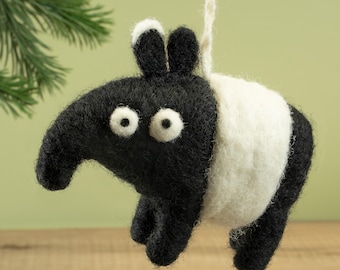 Needle Felted Tapir Ornament, Handmade Wool Christmas Decor