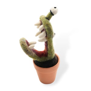 May include: A green felt plant with a large open mouth and white teeth, with a single eye on top. The plant is in a terracotta pot.