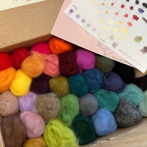 May include: A cardboard box filled with numerous small, round balls of colorful wool roving in shades of red, orange, yellow, green, blue, purple, pink, brown, gray, and black, accompanied by a printed card labeled Mixed Colors Guide.