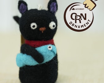 Needle Felted Black Cat with Fish Ornament - Woolbuddy Handmade Toy