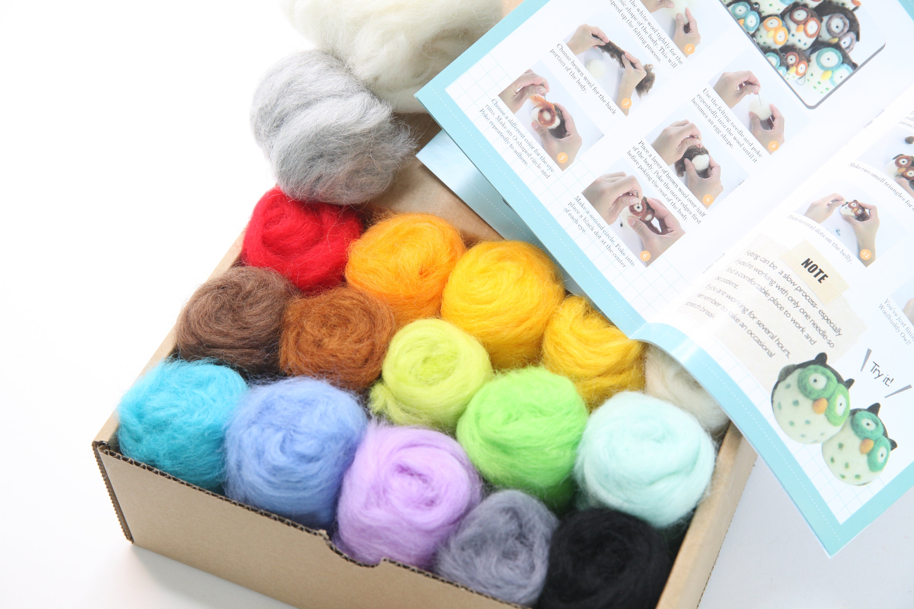 Woolbuddy Needle Felting Starter Kit by 16 Wool Colors, Felting Foam Mat, 6 Needles, 3 Thimbles & Instruction Manuel - Great for Arts & Crafts
