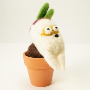 Needle Felted Radish in Clay Pot, Organic Wool Monster Plant
