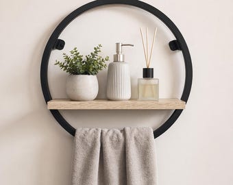 Minimalist Round Wall Towel Rack with Shelf – Modern Bathroom Organizer, Floating Metal Circle Shelf, Spa Bathroom Decor, Hand Towel Holder