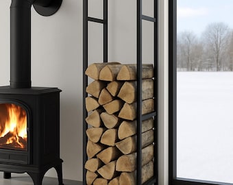 Modern Metal Firewood Rack | Indoor Log Holder for Fireplace | Vertical Firewood Storage Stand | Minimalist Wood Rack for Living Room