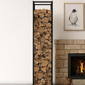 May include: A black metal log store filled with cut logs, next to a brick fireplace. The logs are light brown and neatly arranged. A framed penguin print and a wooden duck are also visible.