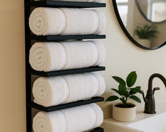 Wall Mounted Metal Towel Holder with Hooks – Bathroom Hand Towel Rack – Modern Towel Organizer for Bathroom & Guest Room,Space Saving Design