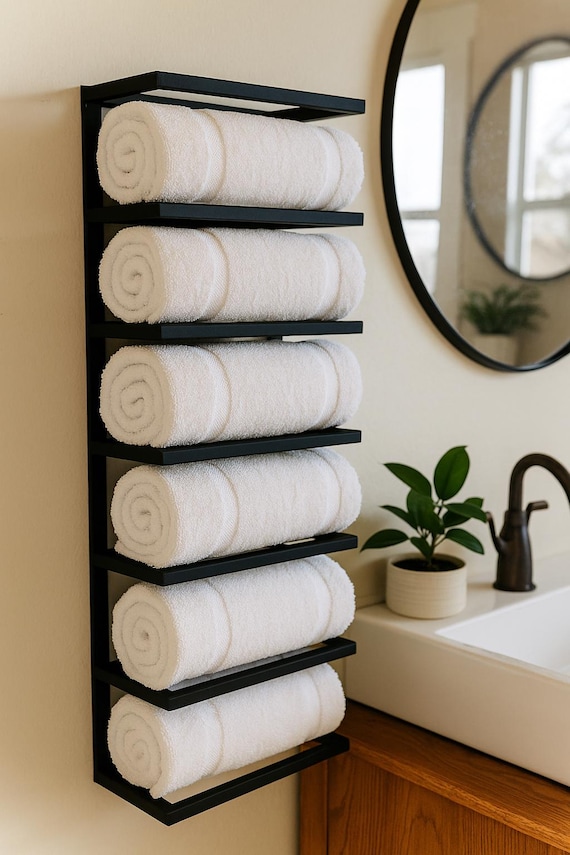 Wall Mounted Metal Towel Holder with Hooks – Bathroom Hand Towel Rack – Modern Towel Organizer for Bathroom & Guest Room,Space Saving Design