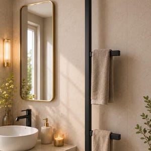 May include: A floor-to-ceiling matte black metal towel rack featuring a vertical support pole and two horizontal bars extending from the side. Two folded beige towels are draped over the horizontal bars, providing storage in a bathroom.