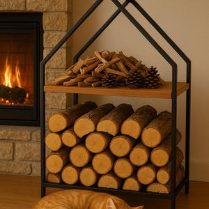 May include: A black metal log store with a wooden shelf, filled with stacked firewood. The top shelf holds kindling and pine cones. An orange tabby cat sleeps on the floor in front of the store, near a fireplace.