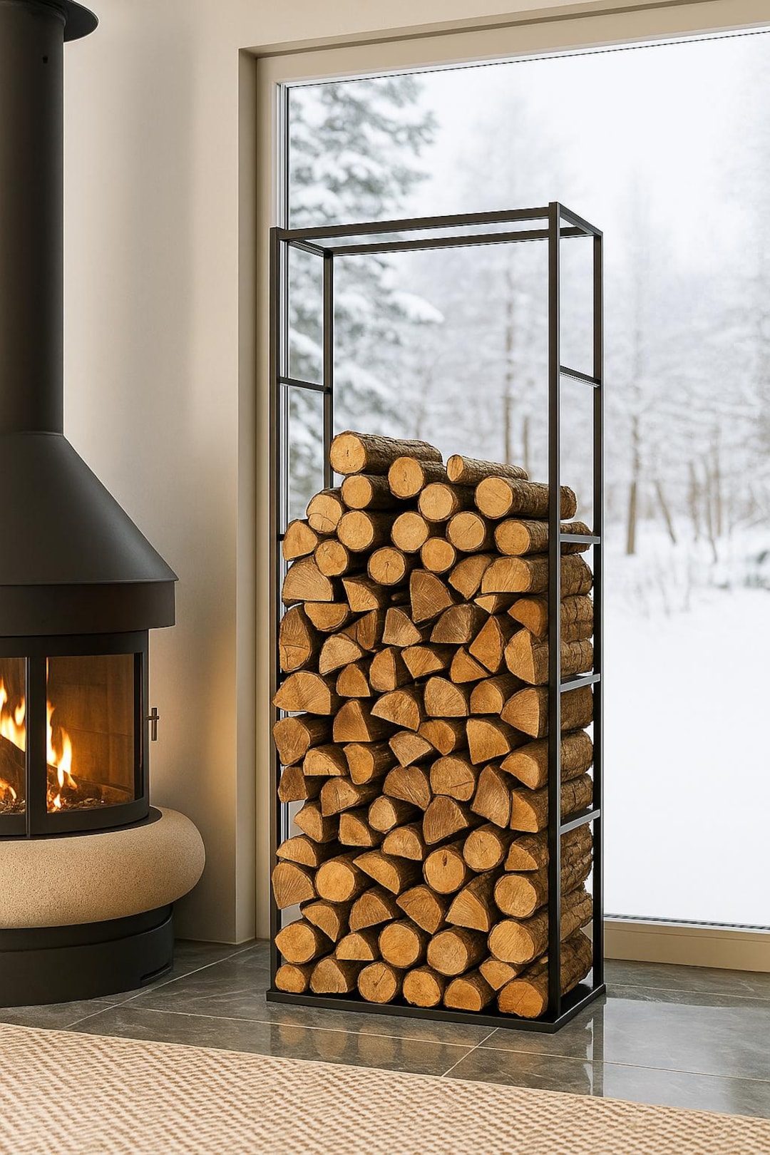 Log Rack Tower Stylish Metal Indoor Firewood Rack, Modern Log Holder & Wood Storage ...