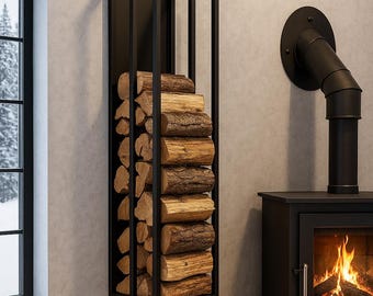Wall-Mounted Metal Firewood Rack | Indoor Wood Storage Shelf | Space-Saving Fireplace Log Holder | Modern Wall Mounted Firewood Organizer