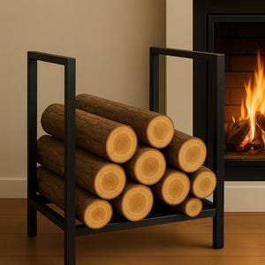 May include: A black metal log holder filled with stacked firewood. The logs are brown with visible growth rings. The holder is rectangular and sits on a wooden floor, with a fireplace in the background.