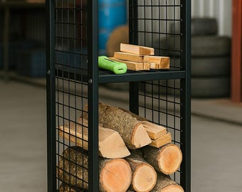Industriële metalen houtblokhouder, modern opbergrek voor open haarden, minimalistische opberger voor brandhout