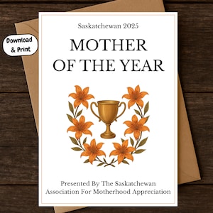 Plantilla imprimible para el Día de la Madre de Saskatchewan, Madre del Año 2025 de Saskatchewan, Feliz Día de la Madre. Descarga digital instantánea.