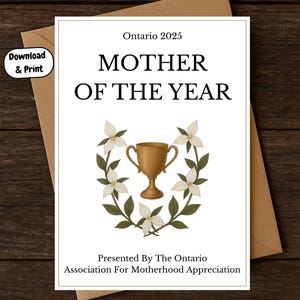 Modelo de cartão para o Dia das Mães de Ontário para impressão, Mãe do Ano de 2025, Ontário, Floral, Feliz Dia das Mães. Download digital instantâneo.