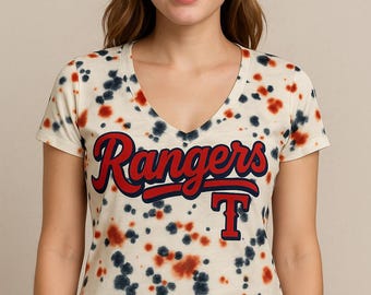 Texas Rangers Tie Dye V-Neck Tee Handmade Dyed Shirt MLB Game Day Top Unique Upcycled Baseball Fan Apparel