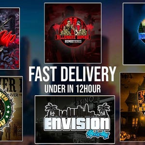 Puede incluir: Una colección de logotipos y gráficos con texto, incluyendo "Hit'em Up RP", "Billionaire Gaming Remastered", "North Georgia Roleplay", "Crossin' Over Roleplay", "Envision Roleplay" y "New Hampshire State Roleplay". La imagen también incluye el texto "FAST DELIVERY UNDER IN 12HOUR".