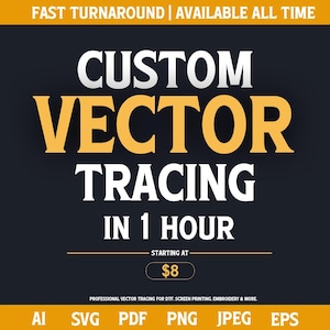 May include: A dark gray graphic advertisement featuring the white and yellow text CUSTOM VECTOR TRACING IN 1 HOUR. Below this, the text reads STARTING AT $8. At the bottom, a list of file formats includes AI, SVG, PDF, PNG, JPEG, and EPS.