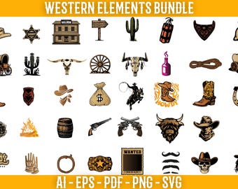 Western SVG Bundle, Vintage Cowboy Cowgirl PNG, Wild West Rodeo Clipart for Cricut & Sublimation