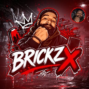 Puede incluir: Una ilustración digital que presenta a una persona barbuda con gorra y ropa oscura, situada sobre el texto en negrita blanco y rojo BRICKZ X. El fondo muestra una pared de ladrillos de color rojo oscuro con grafitis, un icono de corona y una foto.