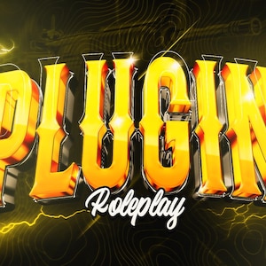 May include: A digital graphic with the word "PLUGIN" in large, gold, 3D letters with a black outline. The word "Roleplay" is written in cursive below. Palm trees and lightning bolts are also featured.
