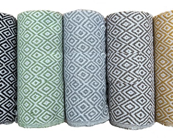 Cotton Diamond Design Throws with fringes for chair or sofas - Elegant organic cotton throw