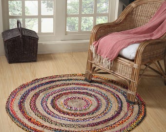 Handmade Round Braided Jute Rug: Multicolour Hemp & Cotton Area Rugs