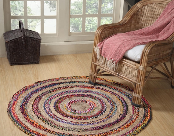 Handmade Round Braided Jute Rug: Multicolour Hemp & Cotton Area Rugs