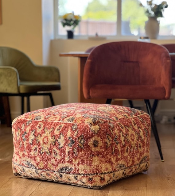 Handmade Silk Kilim Ottoman Pouf: Woven Bohemian Floor Sofa 24x24x14 inches
