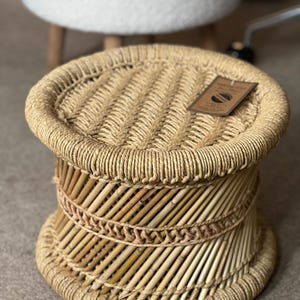 Handmade Natural Cane Foot Stools (Mudha) - all natural wooden Ottoman (35x35x26 cm) - Bamboo foot stools