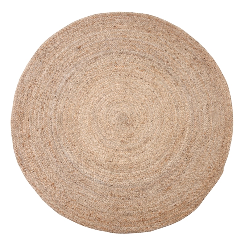 May include: A round, natural fiber rug made of jute. The rug has a woven texture and a light brown color.