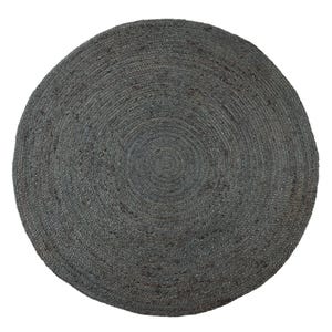 May include: A round, gray jute rug with a woven texture. The rug has a circular design with concentric circles.