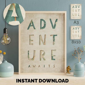 Citation de voyage Art mural imprimable L'aventure attend la découpe de la carte | Téléchargement instantané A3, 8 x 10 et formats personnalisés – Décoration Wanderlust pour la maison ou le bureau