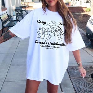 Custom Camp Bachelorette Party T-Shirt: Mountain Lake Cabin Crew Tee