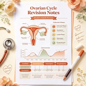 Op de afbeelding: Een wit blad met de titel Ovarian Cycle Revision Notes met een diagram van het vrouwelijk voortplantingssysteem, een hormoongrafiek en een faselijst. Het document is omringd door perzikkleurige bloemillustraties, een stethoscoop en een pen.