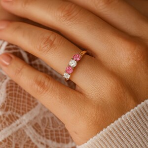 18K Gold Pink Sapphire Diamond Ring: Petite Ethical Gemstone Band