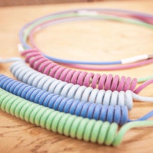 Puede incluir: Cinco cables de carga de teléfono enrollados en verde, azul, azul claro, rosa y morado claro.