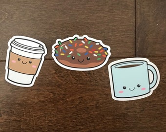 Cute Coffee Greeting card, Coffee & Donut Stickers, vinyl stickers