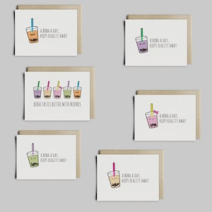 かわいいタピオカ ティー グリーティング カード、抹茶、タロイモ、タイ、ストロベリー ミルク ティー フレンズ、タピオカ ラブ、かわいいドリンク イラスト、タピオカ ティー 愛好家へのギフト