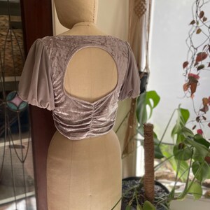 May include: A mauve velvet crop top with a keyhole back and short puff sleeves. The top is made of a soft, stretchy fabric and has a slightly gathered look.