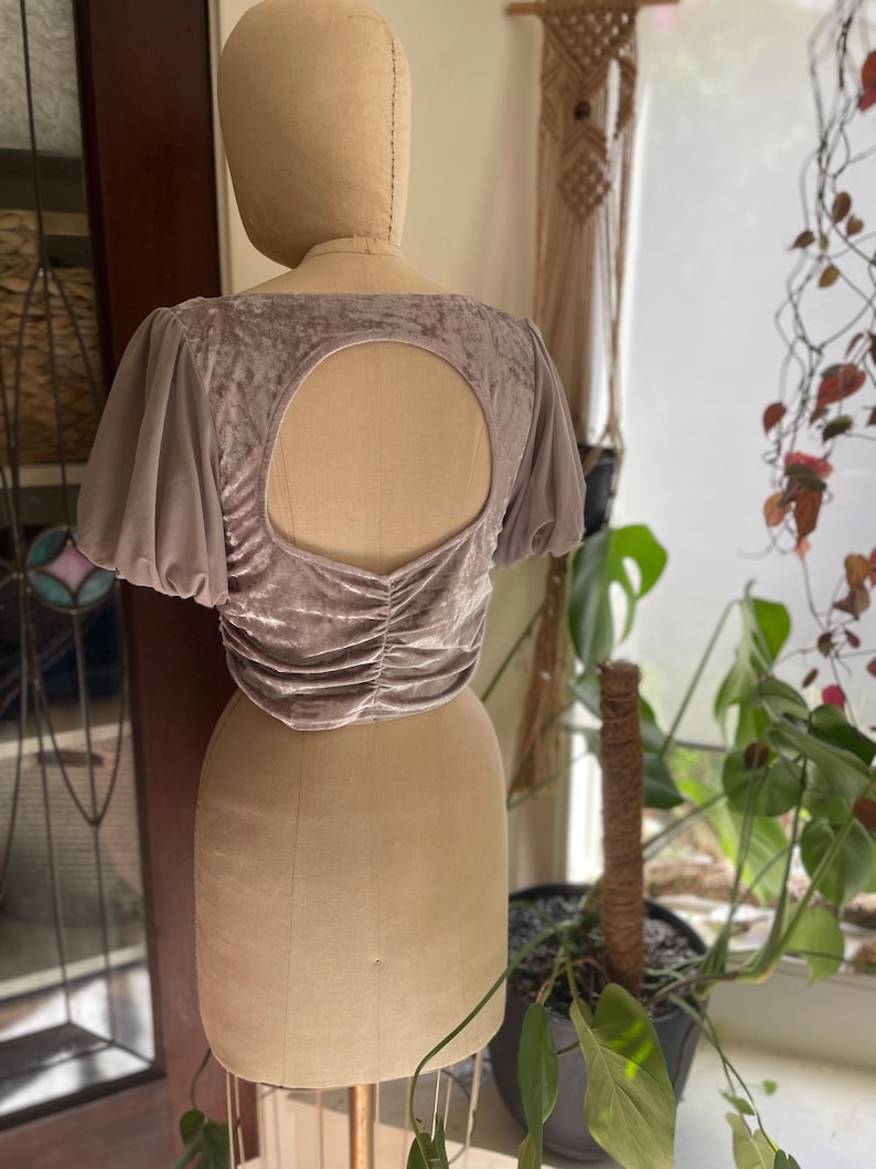 May include: A mauve velvet crop top with a keyhole back and short puff sleeves. The top is made of a soft, stretchy fabric and has a slightly gathered look.