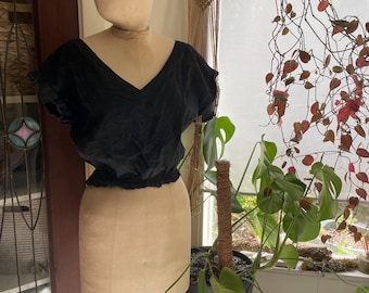 Vintage Black Linen Open Tie Back Blouse