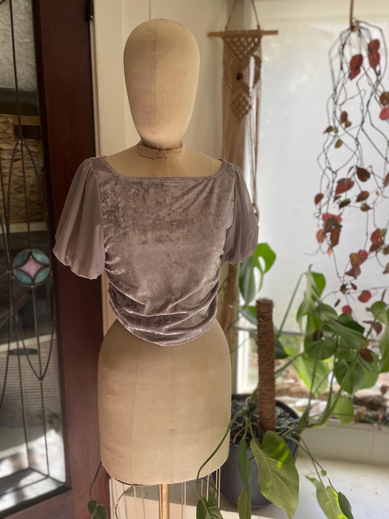 May include: A mauve velvet top with puffed sleeves. The top has a square neckline and a fitted silhouette.