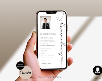 May include: A black and white digital funeral announcement with a photo of a man in a suit. The announcement reads "In loving memory" and includes the name "George Ralls" and funeral service details.